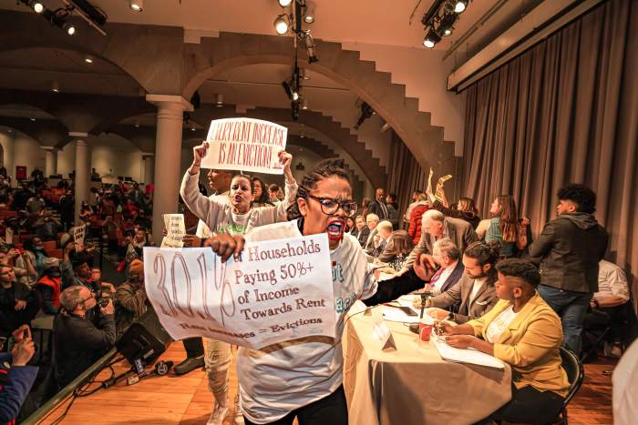 Rent Guidelines Board approves range of up to 7% increases for stabilized tenants 6 Advocates and councilmembers surrounded board members as they voted on rent increases