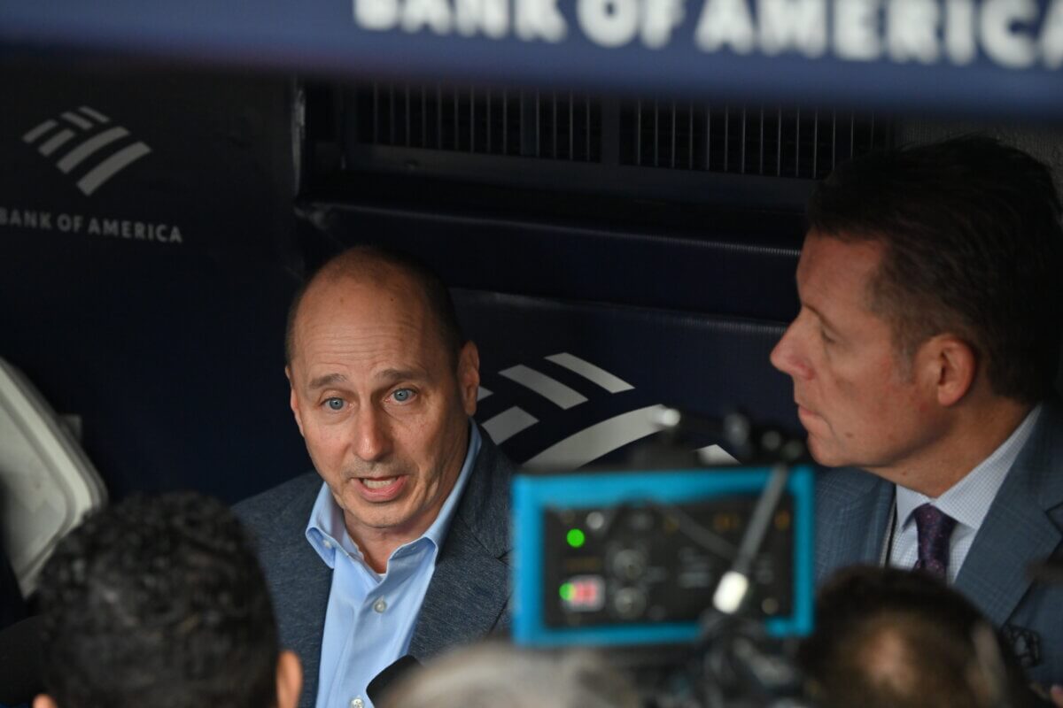 Yankees general manager Brian Cashman speaks with reporters before the Yanks game against the Cleveland Guardians on May 3, 2023.