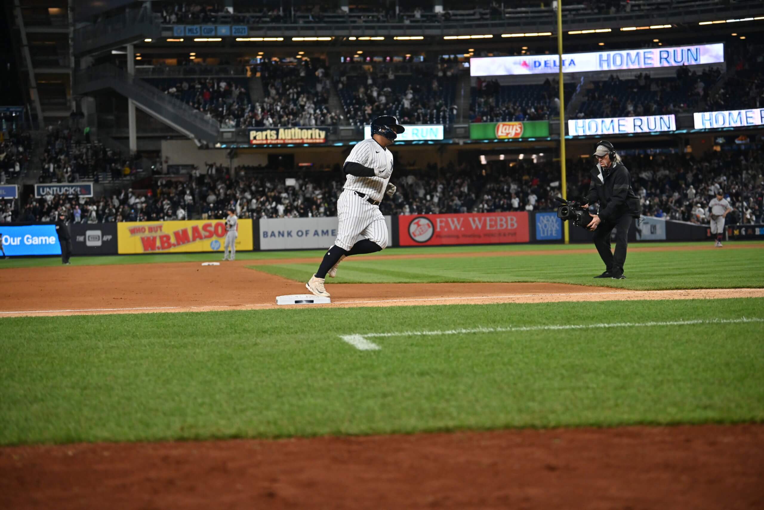 Willie Calhoun rounds the bases after hitting a home run against the Cleveland Guardians at Yankee Stadium on May 3, 2023.
