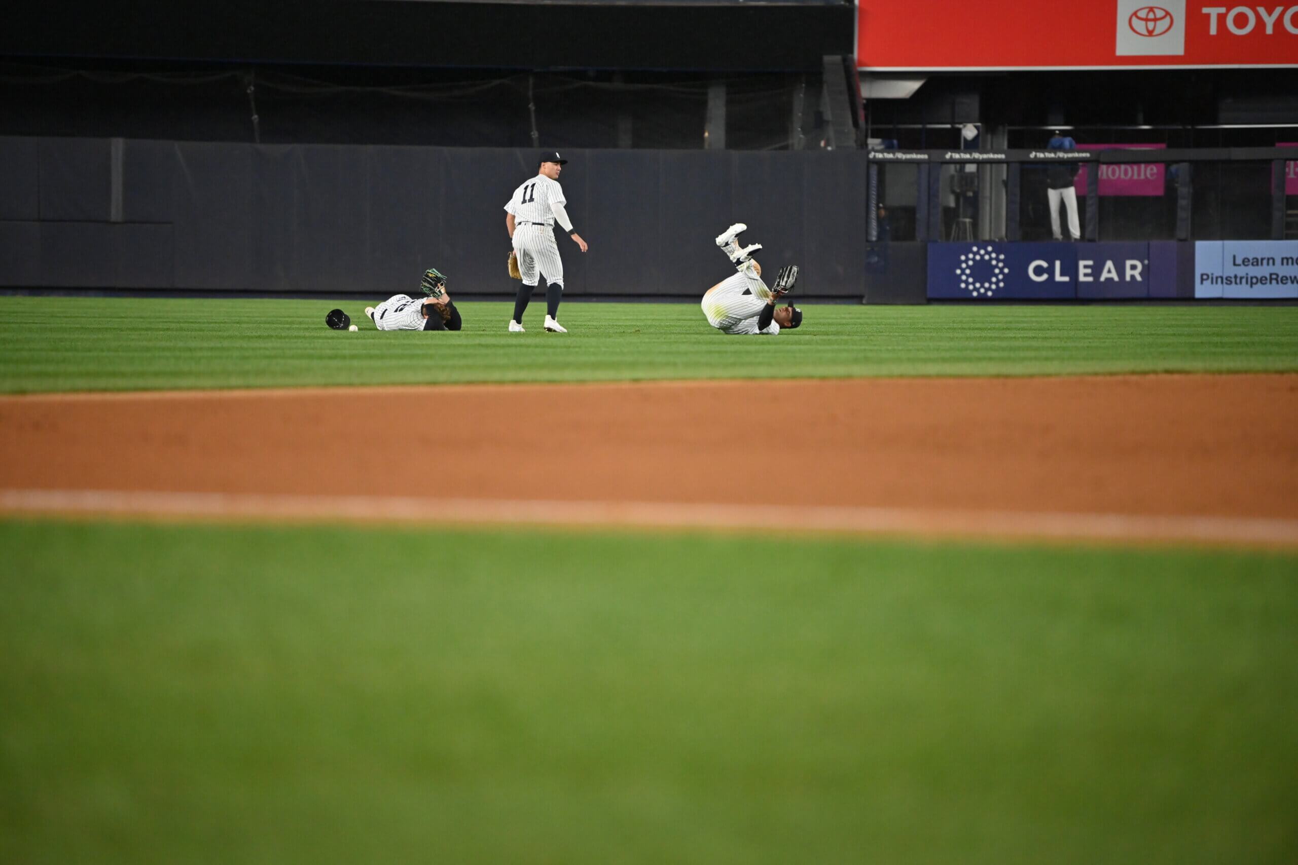 Harrison Bader collides with Isiah Kiner-Falefa during the Yankees 4-3 win over the Cleveland Guardians on May 3, 2023.