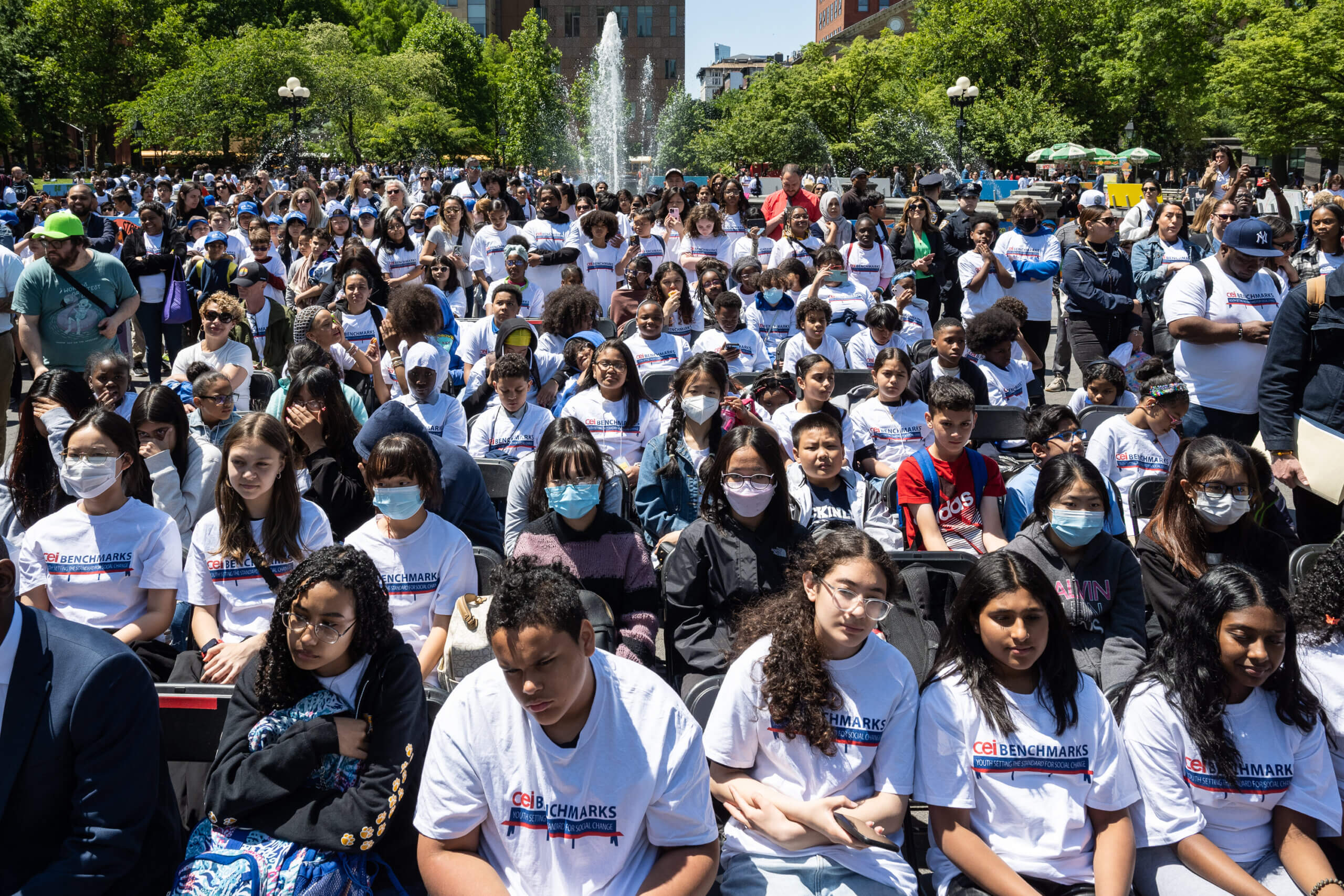 New York City public school students presented 30 bench murals displaying artwork speaking on social, racial, cultural, and ecological issues in Washington Square Park