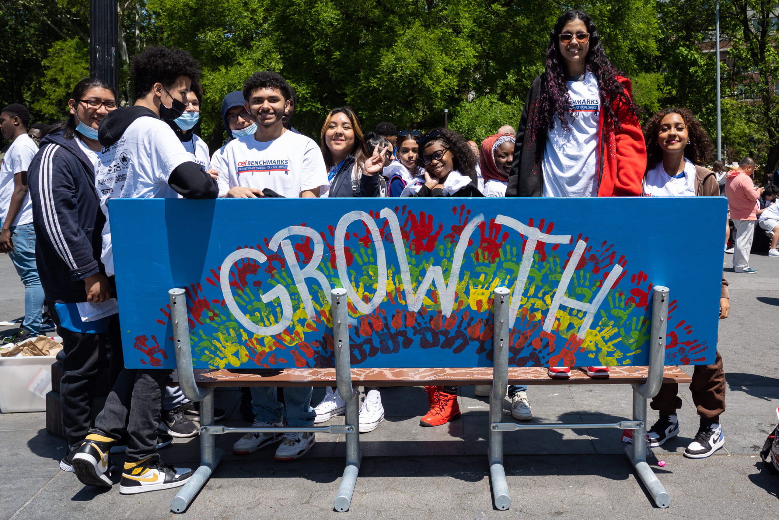New York City public school students presented 30 bench murals displaying artwork speaking on social, racial, cultural, and ecological issues in Washington Square Park