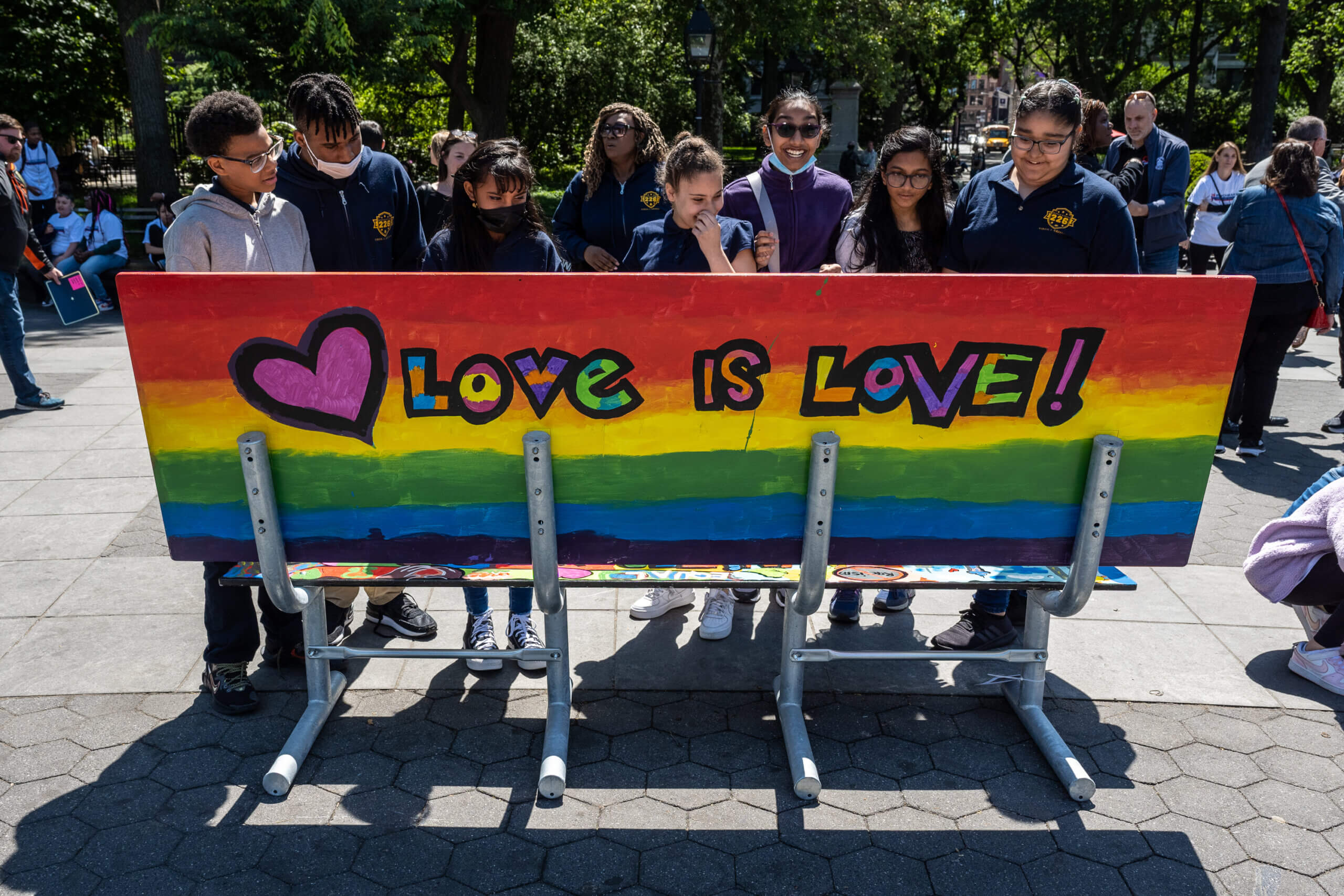 New York City public school students presented 30 bench murals displaying artwork speaking on social, racial, cultural, and ecological issues in Washington Square Park