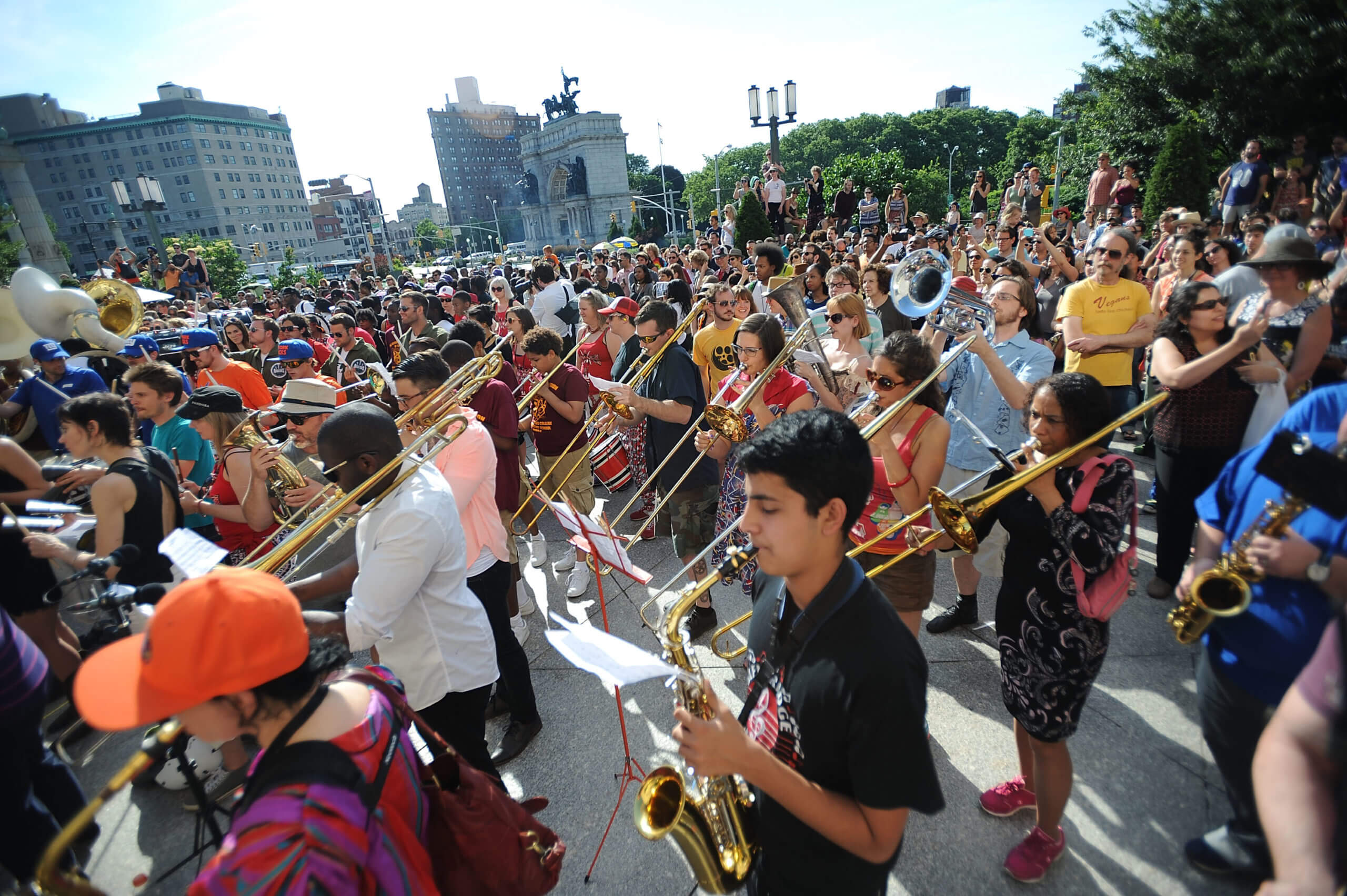 Marching bands perform during Make Music Day at the Brooklyn Museum in New York City