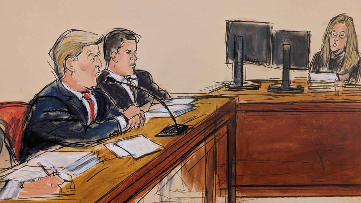 Donald Trump's lawyers seek to toss judge from Manhattan hush money case over political bias claims 2 Sketch of Donald Trump arraignment