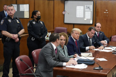 Donald Trump at arraignment with his lawyers