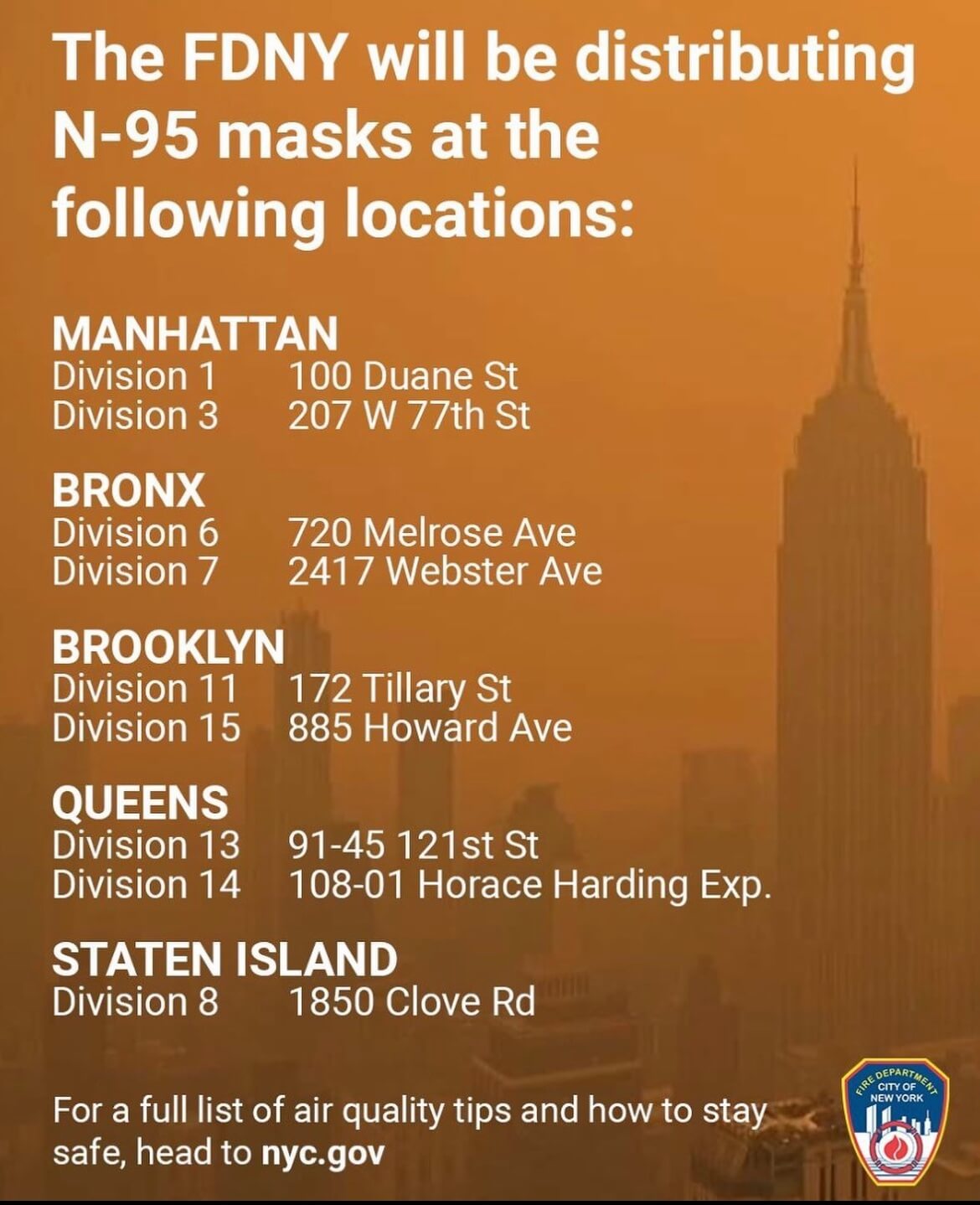 The New York City Fire Department will be distributing N-95 masks at station