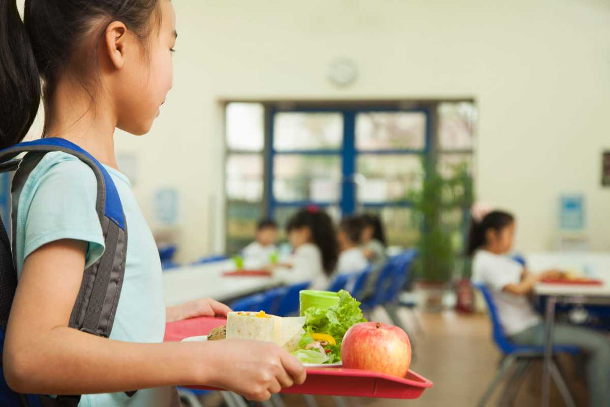 Girl holding food tray in school cafeteria