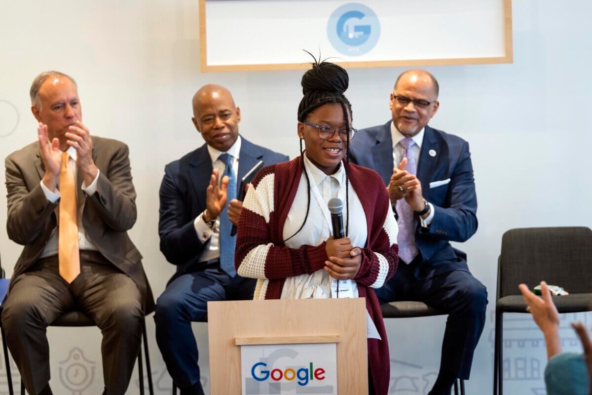 High school student at announcement of FutureReady NYC expansion with Google's help to diversify NYC's tech workforce