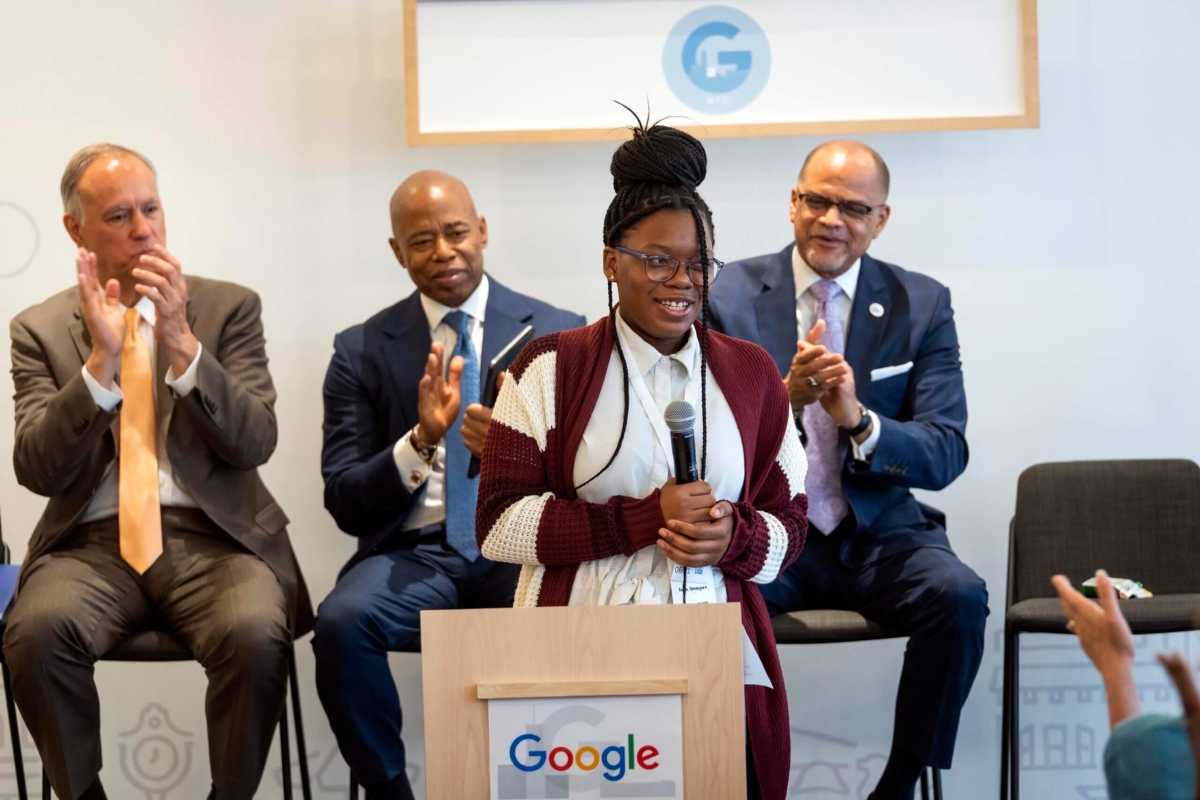 Faith Davenport, an 11th grader at at the High School for Youth and Community Development at Erasmus, shared her experience participating in the FutureReadyNYC program and working with Google to address the digital divide, at the Google Learning Hub in New York City on Wednesday, June 21, 2023.