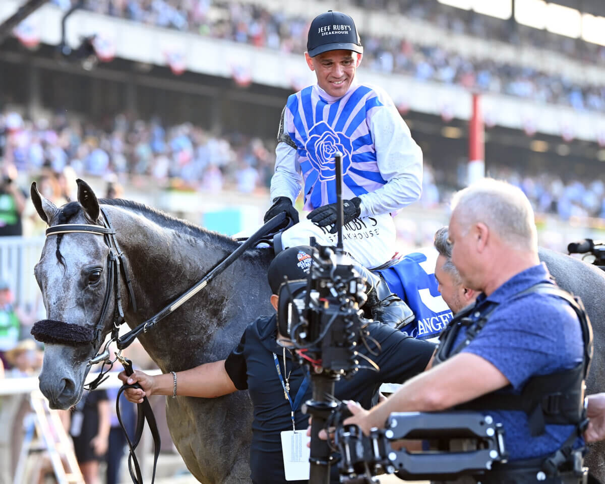 Arcangelo and jockey Javier Castellano after winning the 2023 Belmont Stakes.