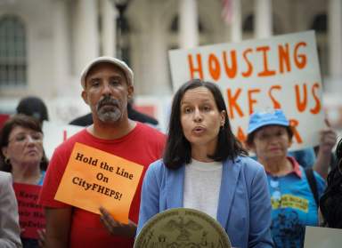 City Council Member Tiffany Caban at rally over housing vouchers bill
