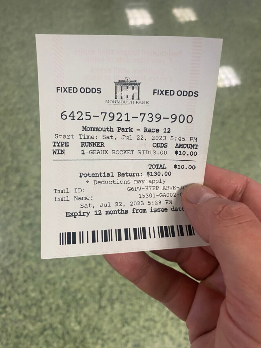 Winning fixed-odds wagering ticket at Monmouth Park