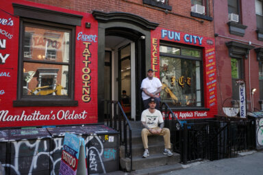 Fun City Tattoo owners "Big Steve" Pedone (top) and Maxx Starr (bottom) outside of the East Village tattoo shop.