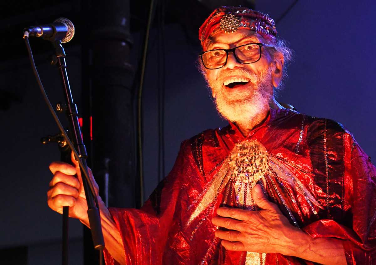Sun Ra Arkestra member Marshall Allen smiling at concert