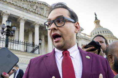 Rep. George Santos speaks to reporters outside the Capitol building on May 17, 2023.