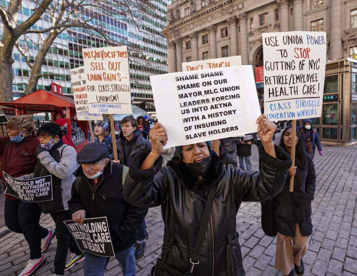 Demonstrators protesting against the mayor’s plan to shift public-sector retirees to Medicare Advantage on Thursday, March 9, 2023.