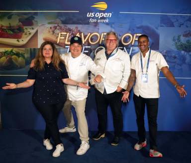 Chefs Alex Guarnaschelli, Josh Capon, David Burke, and JJ Johnson pose for a photo during the Flavors of the Open media event at the 2022 US Open.