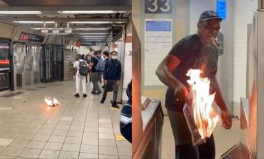 Photos and video show the scene inside the 33rd Street subway station, where a man set fire to newspapers and hurled them at straphangers.