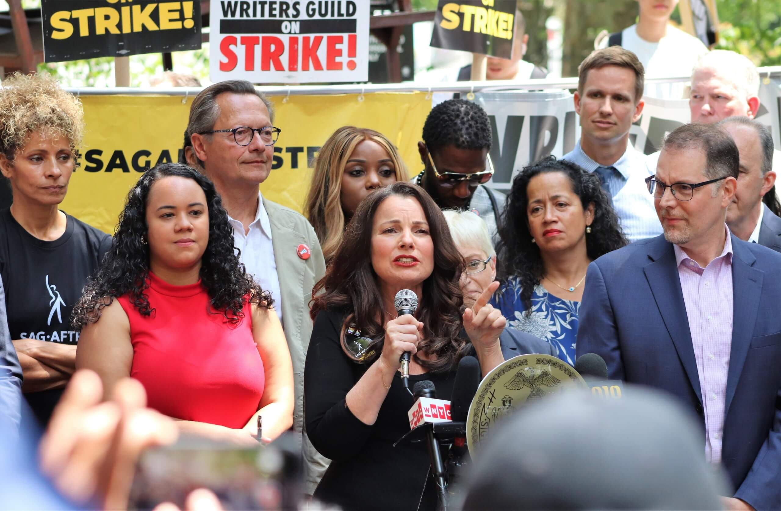 Fran Drescher speaking at the rally (Photo by Michael Dorgan)