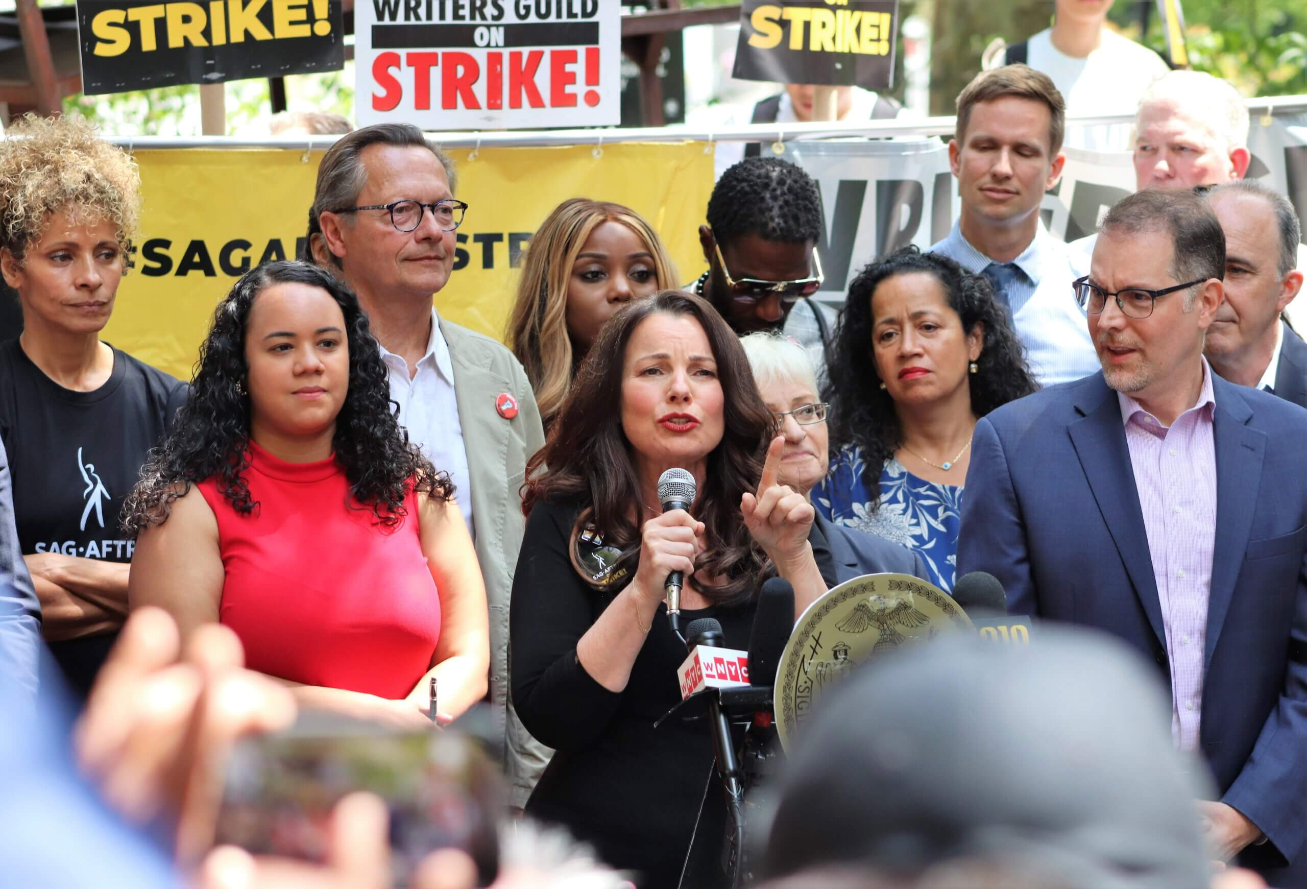 Fran Drescher speaking at the rally (Photo by Michael Dorgan)