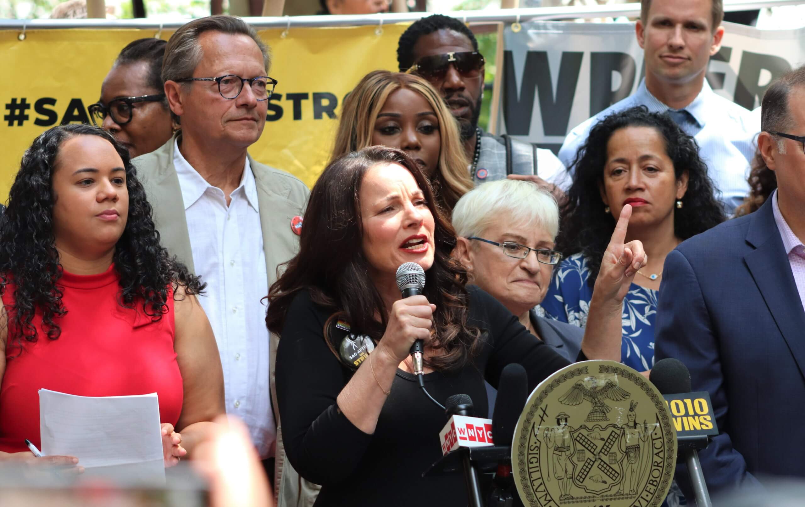 Fran Drescher speaking at the rally (Photo by Michael Dorgan)