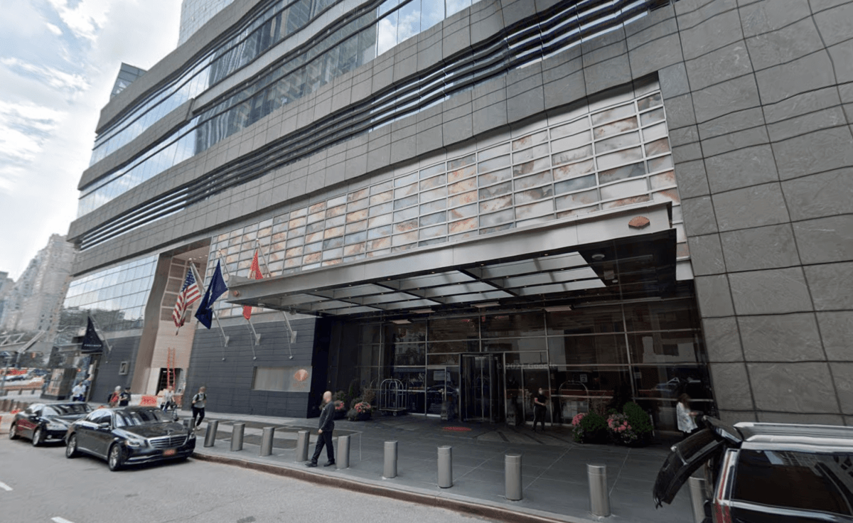 The entrance to the Mandarin Oriental hotel, which sits atop the Deutsche Bank Center in Columbus Circle.