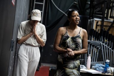 Jo Lampert and Renée Elise Goldsberry in rehearsal for "The Tempest" at the Delacorte Theatre