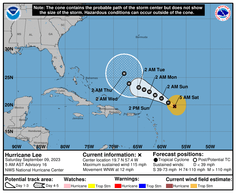 Keep an eye on it: Hurricane Lee weakens to a Category 3 storm, but could still impact New York in some way next week 2 Hurricane Lee projected path
