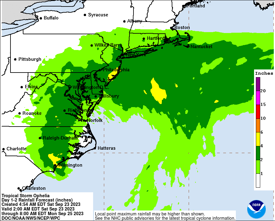 Tropical Storm Ophelia expected rainfall