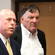 Accused Gilgo Beach serial killer Rex A. Heuermann appears in Judge Tim Mazzei’s courtroom at Suffolk County Court in Riverhead on Wednesday, Sept. 27, 2023. His lawyer, Michael J. Brown, is at left.