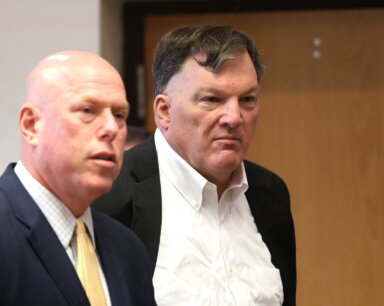 Accused Gilgo Beach serial killer Rex A. Heuermann appears in Judge Tim Mazzei’s courtroom at Suffolk County Court in Riverhead on Wednesday, Sept. 27, 2023. His lawyer, Michael J. Brown, is at left.