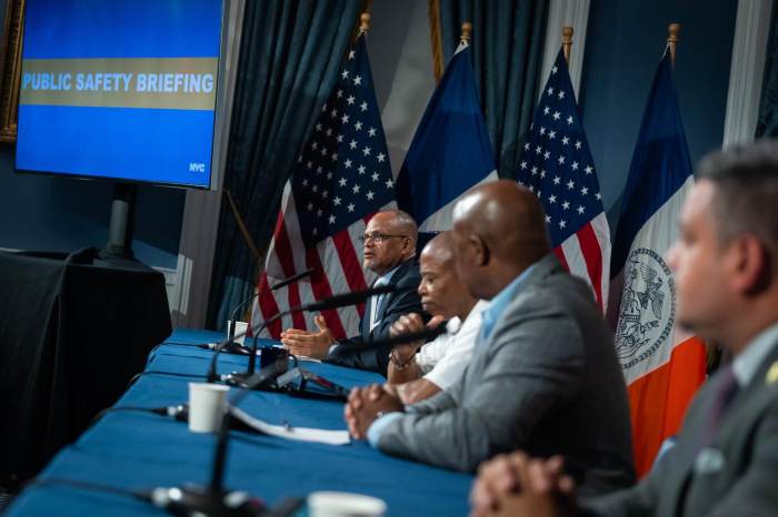 Mayor Eric Adams and DOE Chancellor David Banks provide an update on the city’s back to school safety preparations at City Hall on Friday, Sept. 1, 2023.