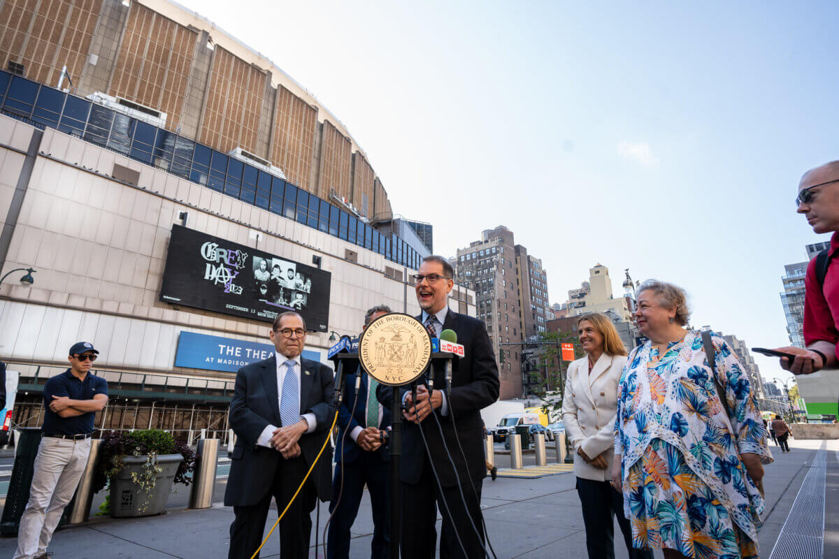 Manhattan Borough President Mark Levine speaks outside The Theater at MSG