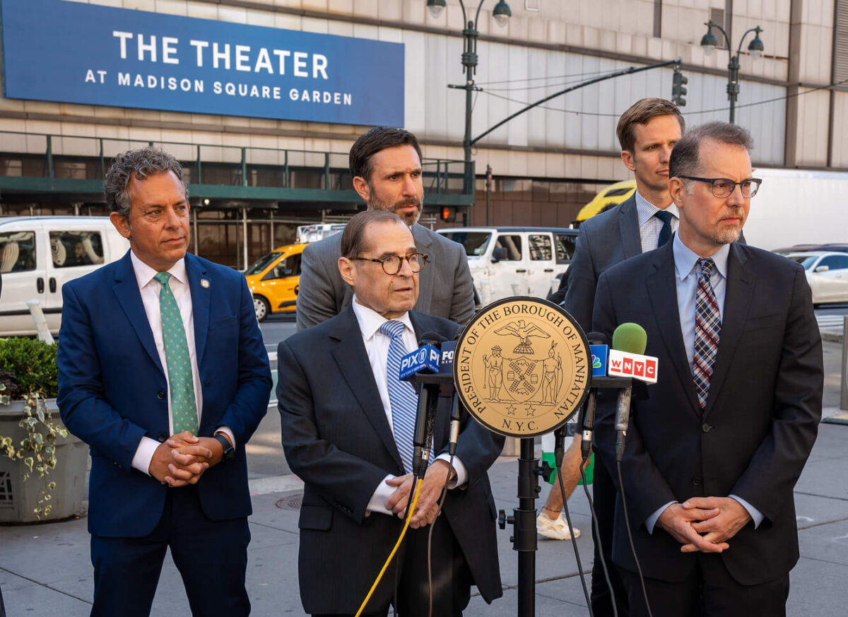 Manhattan elected officials at press conference outside The Theater at MSG