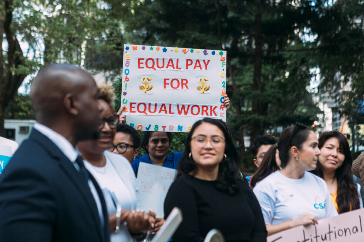 The New York City Council’s Black, Latino and Asian Caucus and the Day Care Council of New York held a press conference about a new report detailing the salary disparities between the city's early childhood education programs and their counterparts at school-based programs at City Hall on Thursday, Sept. 19, 2023.