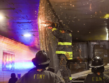 TBTA and FDNY respond to the west tube of the Hugh L. Carey Tunnel where an overheight Manhattan-bound tractor-trailer became stuck on Thursday, Sep 28, 2023.