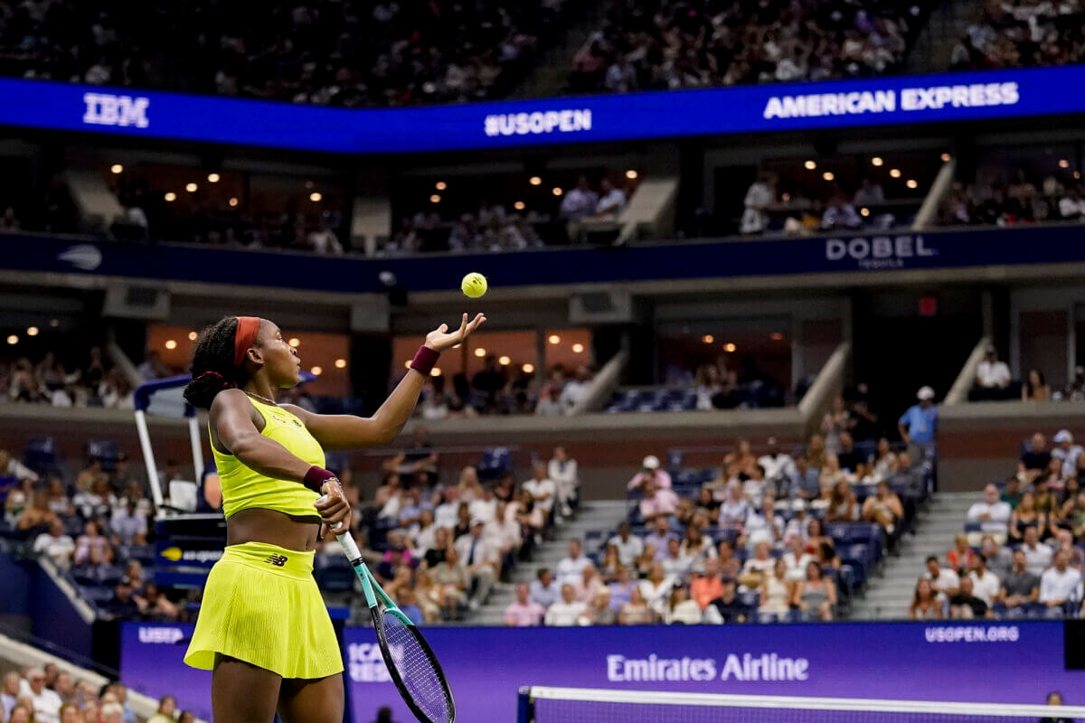 Coco Gauff serves at US Open semifinal