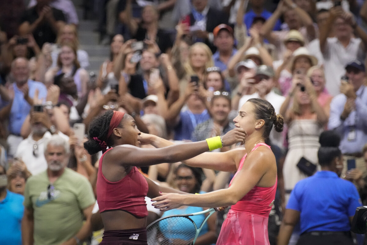 Coco Gauff and Aryna Sabalenka embrace after US Open final
