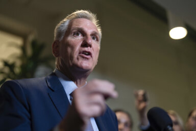 Speaker of the House Kevin McCarthy, R-Calif., briefs reporters following a closed-door Republican Conference meeting