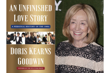 This combination of photos shows cover art for "An Unfinished Love Story: A Personal History of the 1960s" by Doris Kearns Goodwin, left, and a photo of author Doris Kearns Goodwin at a HISTORYTalks event in Washington on Sept. 24, 2022.