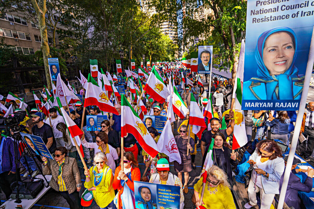 Thousands gather in protest of the president of Iran’s visit to the United Nations on Sept. 19, 2023.