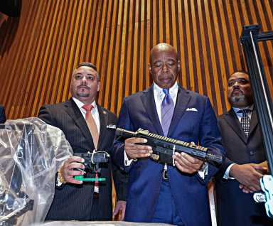 Mayor Eric Adams and top police brass announced on Wednesday that a Harlem day care was found to be harboring deadly ghost guns