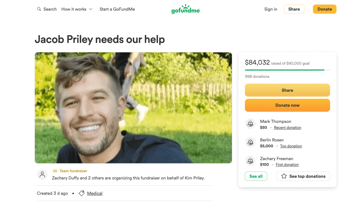 The GoFundMe page for Jbike rider acob Priley has raised over $80,000 already.
