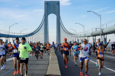 Runners during NYC Marathon on Verrazzano Narrows Bridge