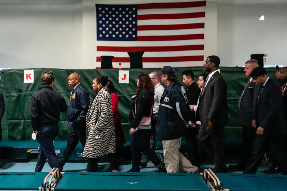 Mayor Eric Adams at migrant shelter in Brooklyn