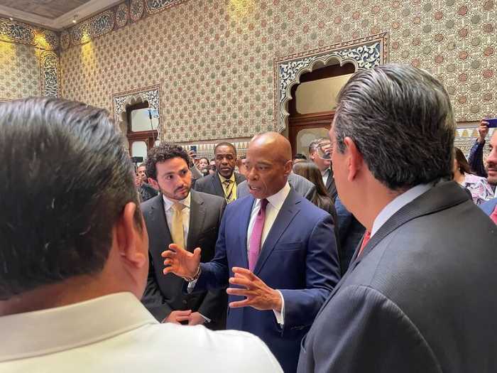 Mayor Eric Adams speaking to Mexican officials