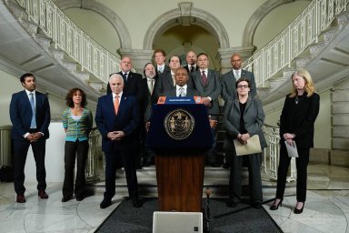 New York City Mayor Eric Adams announces a deal with Sanitation workers at City Hall. Friday, Oct. 27, 2023.