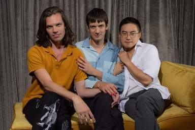 Aaron Jackson, from left, Josh Sharp and Bowen Yang pose for a portrait to promote the film "Dicks: The Musical" during the Toronto International Film Festival,