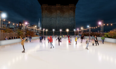 ‘Glide at Brooklyn Bridge Park’ will give visitors a chance to ice skate under the borough’s iconic span, while taking in views of the Manhattan skyline.